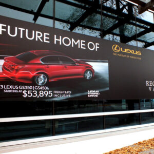 5ft x 32ft, High performance vinyl, with air release adhesive, matte laminated. installed on windows. (made of 8 decals 49" x 60")